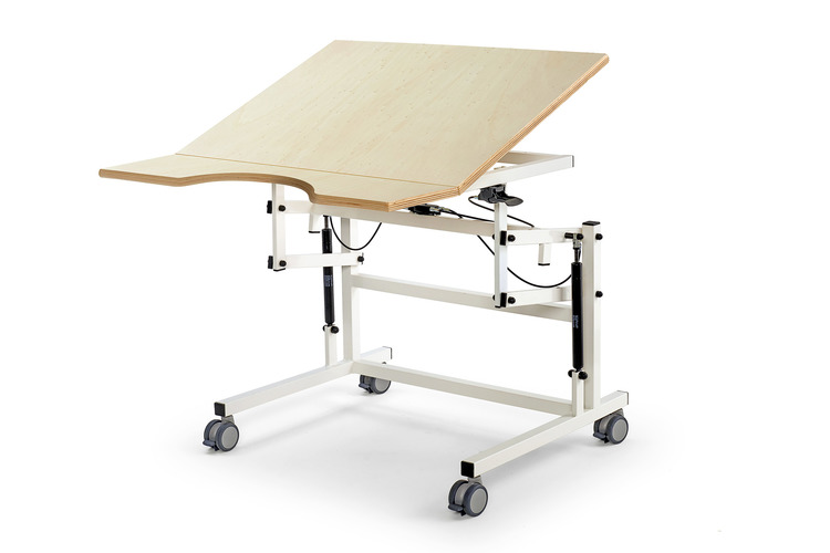 Table Ergothérapie 2 sections avec 1 plateau inclinable  et 1 plateau fixe incurvé roulettes, réglable en hauteur, 90x90cm 