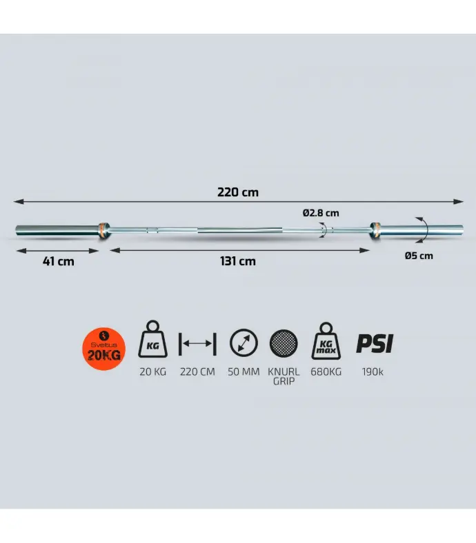 Barre olympique Sveltus 5, 15 ou 20Kg. Stop disques non inclus.